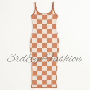 Rust & Cream Checkered Knit Midi Dress • Cozy Winter Style ❄️